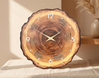 Tree Ring Wood Slice Clock | Silent Rustic Nature Decor, Bamboo Composite
