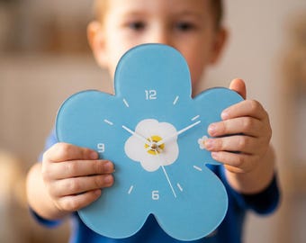 Blue Flower Wall Clock | Petal Shape Silent Nursery Decor (12 Inch)