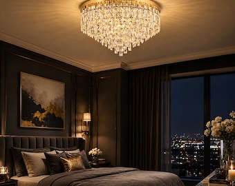 Kryształowy żyrandol z oświetleniem sufitowym: złotym lub srebrnym, nowoczesna oprawa LED