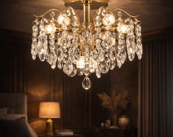 Lámpara de techo tipo araña de cristal dorado, de montaje empotrado – Lámpara moderna y elegante (4 tamaños)