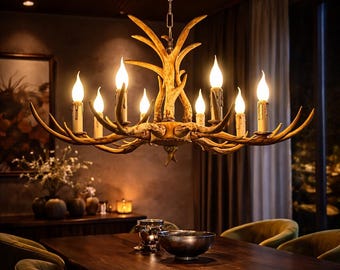 素朴な鹿の角のシャンデリア：鹿の角のファームハウス風シーリングライト、キャビン風ダイニングルーム装飾