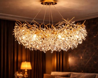 Lustre branche de cristal, suspension LED moderne dorée