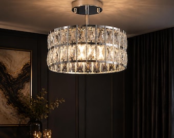 Modern Crystal Chandelier Luxury Drum Pendant Light Rose Gold Ceiling Fixture Dining Room Lighting