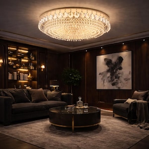 Crystal Flush Mount Chandelier, Modern Gold Luxury Lighting Fixture (3 Sizes)