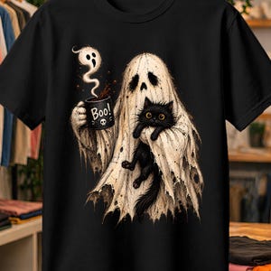Può includere: Una t-shirt nera a maniche corte con la grafica di un fantasma avvolto in un lenzuolo bianco che tiene in mano una tazza nera con la scritta Boo e un'icona a forma di teschio. Il fantasma tiene anche un piccolo gatto nero con grandi occhi gialli.