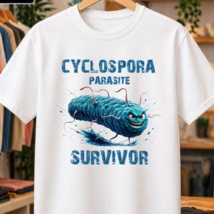 Può includere: Una t-shirt bianca a maniche corte con una grafica blu di un parassita Cyclospora sorridente e caricaturale. Il testo sopra l'illustrazione recita CYCLOSPORA PARASITE e il testo sottostante recita SURVIVOR in un carattere blu grassetto.