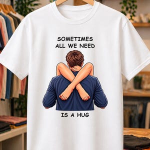 Puede incluir: Una camiseta blanca de manga corta con un gráfico de una persona con camisa azul oscuro siendo abrazada por detrás por otra persona con las piernas cruzadas alrededor del torso. El texto dice: SOMETIMES ALL WE NEED IS A HUG.