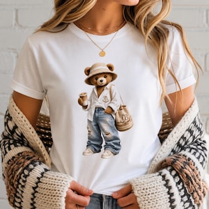 Teddybär-T-Shirt, luxuriöses und trendiges T-Shirt im verspielten Stil, niedliches Bären-Shirt und ästhetisches Freizeittop
