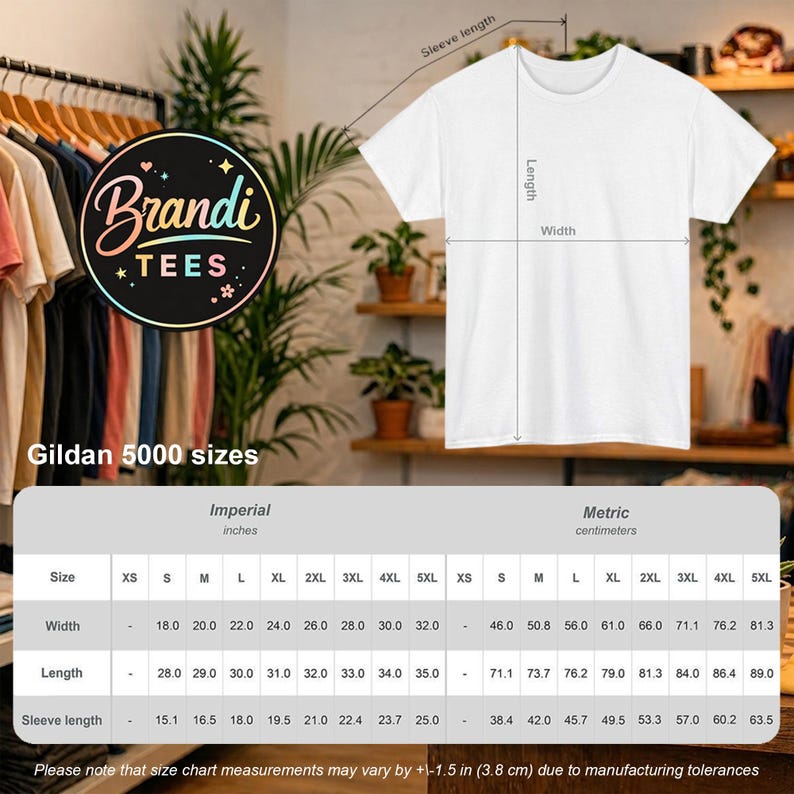 May include: A white t-shirt with a size chart displaying width, length, and sleeve length measurements in inches for Gildan 5000 sizes ranging from XS to 5XL. The chart includes imperial measurements for each size, providing a clear guide for selection.