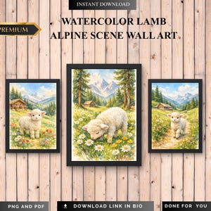 Puede incluir: Conjunto de tres impresiones en acuarela enmarcadas con corderos en una escena alpina. La obra de arte incluye un cordero en un campo de flores, un fondo de montaña y el texto "WATERCOLOR LAMB ALPINE SCENE WALL ART."