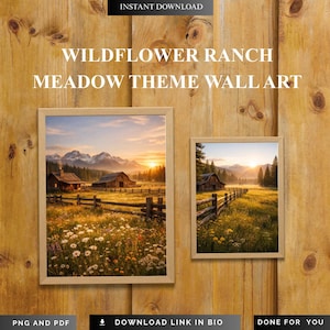 Könnte beinhalten: Zwei gerahmte Wandkunstdrucke mit einer Wiesenlandschaft mit Scheune, Zaun und Bergen bei Sonnenuntergang. Die Drucke sind in hellfarbigen Holzrahmen auf einem Holzgrund. Der Text auf dem Bild lautet "WILDFLOWER RANCH MEADOW THEME WALL ART."