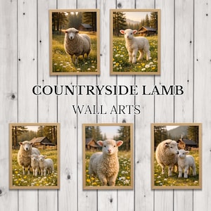 Puede incluir: Seis impresiones artísticas de pared enmarcadas con imágenes de ovejas y corderos en un entorno rural. Las impresiones están en marcos de madera y se colocan sobre un fondo de madera blanca. El texto "COUNTRYSIDE LAMB WALL ARTS" se muestra en el centro.