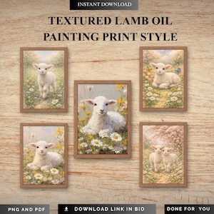 Impresión de pintura al óleo de cordero texturizado, estilo arte de pared PNG PDF Decoración de animales para guardería Póster de oveja bebé de granja Arte en lienzo con impasto Descarga digital