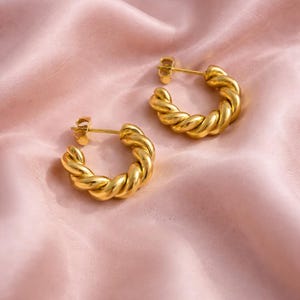 Puede incluir: Un par de pendientes de aro dorados con un diseño de cuerda trenzada. Los pendientes se exhiben sobre una superficie de satén rosa, creando un contraste entre el metal brillante y la tela suave. Los pendientes tienen cierre de poste y tuerca.