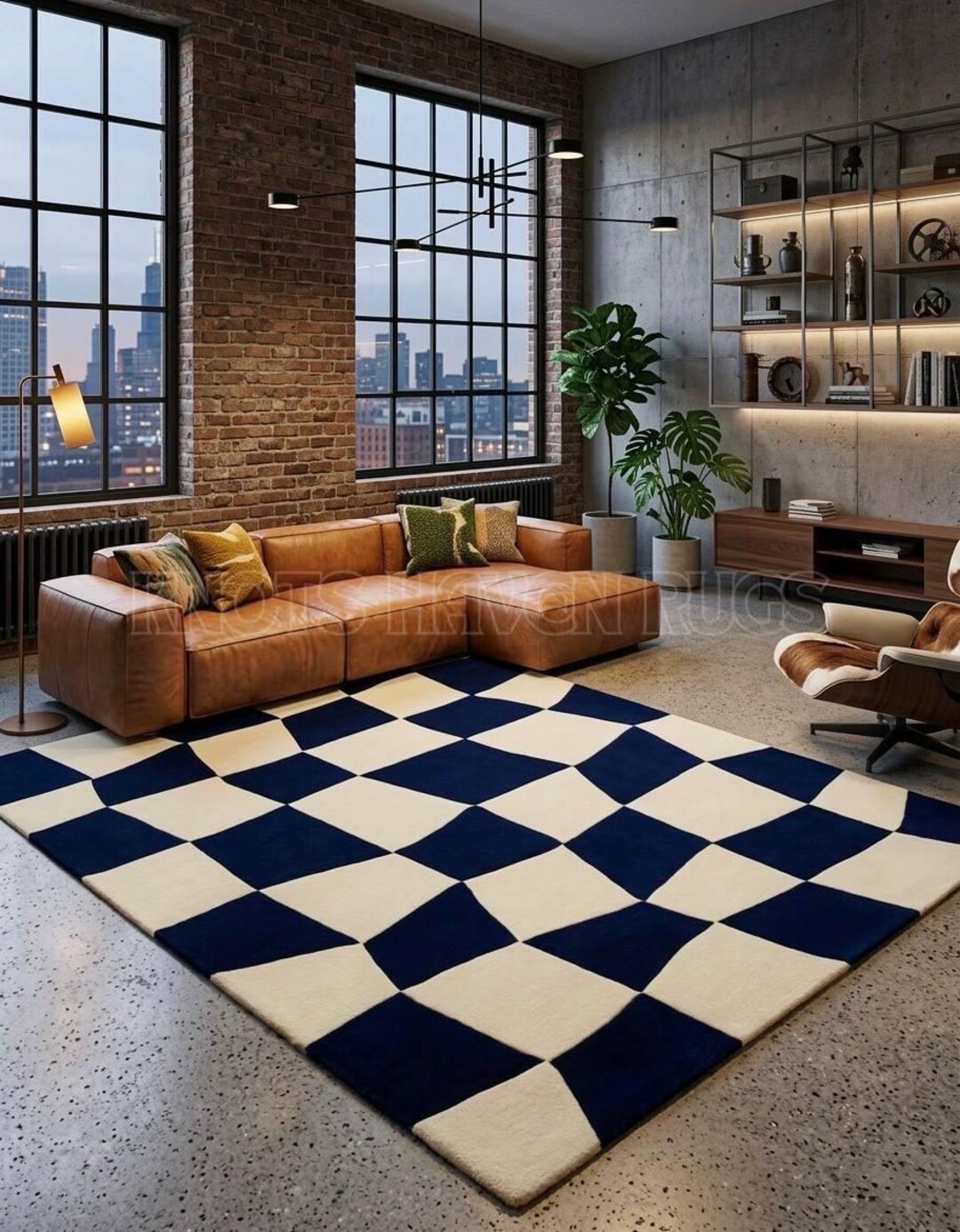 Navy Blue Cream Checker Rug | Geometric Area Rug | Modern Living Room ...