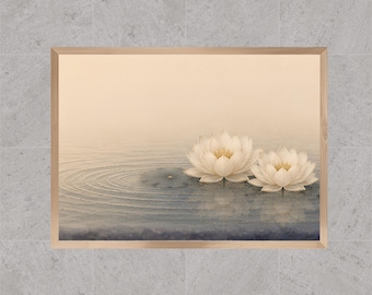 May include: A framed horizontal wall art print featuring two white lotus flowers floating on calm water. The water displays soft ripples extending from the flowers, set against a muted, beige-toned background with a light wooden frame.
