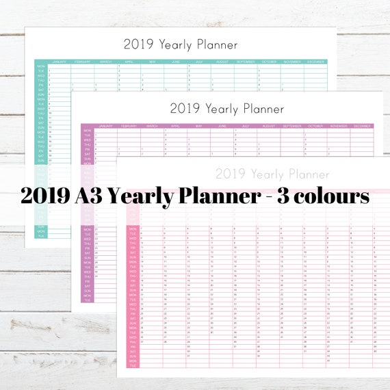 2019 A3 Yearly Printable Planner Yearly Calendar Printable