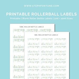 Könnte beinhalten: Druckbare leere Rollflaschenetiketten mit einem Design aus grünen Blättern und Blau. Die Etiketten sind für 5 ml und 10 ml Rollflaschen. Der Text auf den Etiketten lautet "5 ml roller bottle labels" und "10 ml roller bottle labels".