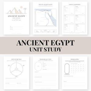 May include: A six-page educational unit study on Ancient Egypt featuring worksheets with a map, a list of gods and goddesses, a pharaoh fact file, and hieroglyph exercises. The pages are white with black text and line art illustrations.