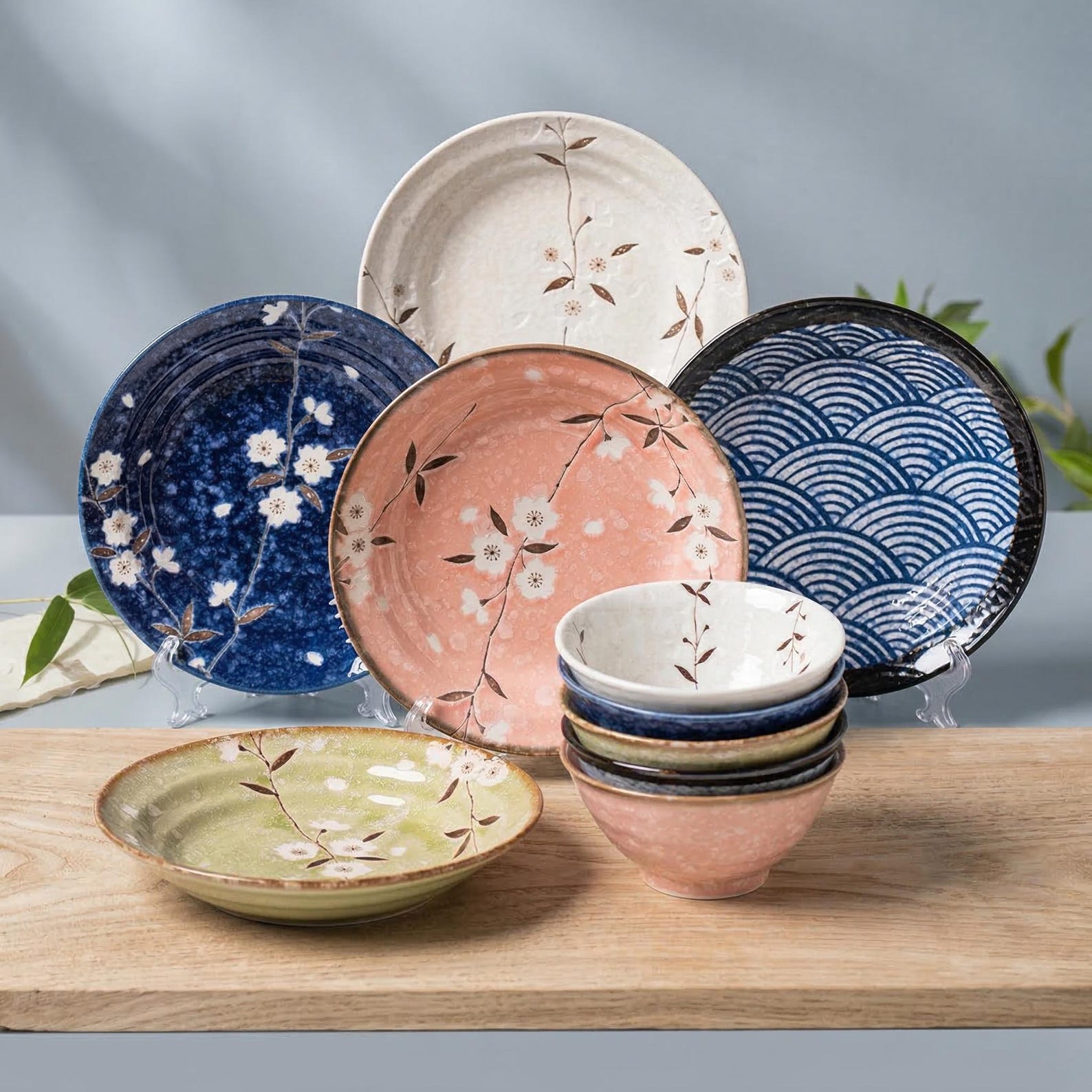 Japanese Cherry Blossom & Seigaiha Ceramic Dinnerware Set | Handmade Style Sakura Bowls and Plates