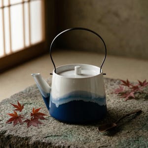 May include: A ceramic teapot with a white and blue gradient design. The teapot has a black handle and a white lid. The spout is white, and the base is a deep blue. The teapot is on a stone surface, with red leaves and a spoon nearby.