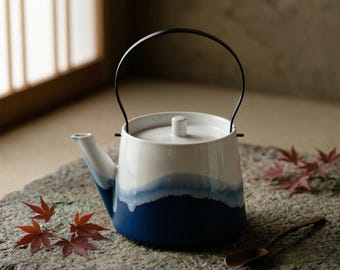 Handcrafted Japanese Style Ceramic Teapot – Minimalist Blue & White Ombre Zen Tea Kettle