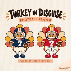 Könnte beinhalten: Eine grafische Illustration mit dem Titel Turkey in Disguise Football Player, die zwei Cartoon-Truthähne in Football-Helmen und Trikots mit der Nummer 7 zeigt, einer in Marineblau und einer in Rot, die jeweils einen Football in der Hand halten.