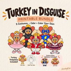 Könnte beinhalten: Ein Turkey in Disguise Druckvorlagen-Paket mit fünf Truthahn-Figuren in Kostümen als Ballerina, Ninja, Superheld, Footballspieler und Cheerleader. Das Set enthält Vorlagen in Farbe sowie zum selbst Ausmalen.
