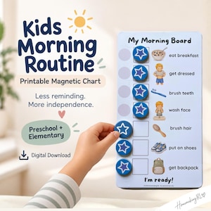 以下が含まれることがあります： My Morning Boardというタイトルの白いマグネットボード。eat breakfast、get dressed、brush teeth、wash face、brush hair、put on shoes、get backpackのタスクが記載されています。青い星型のマグネットで完了したタスクをマークします。