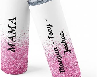Personalized MAMA Tumbler: Pink Glitter Stainless Steel Custom Name Cup