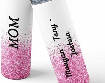 Personalized MOM Tumbler: Pink Glitter Stainless Steel 20oz Custom Name Cup