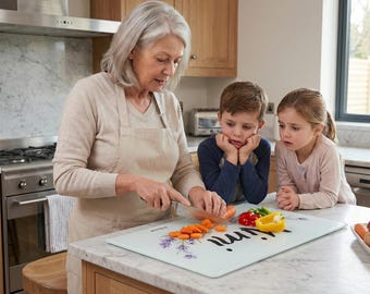 Personalized Tempered Glass Cutting Board, "Mimi" Design, Charcuterie Board