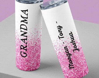 Personalized Grandma Tumbler, Pink Glitter Stainless Steel 20oz Custom Name Gift