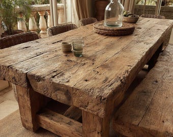 Live Edge Esstisch aus massiver Eiche - Rustikale Bauernhaus-Küchenmöbel