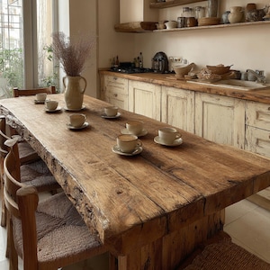 May include: A large, rustic wooden dining table with a live edge, set with six coffee cups and saucers. The table is surrounded by wooden chairs with woven seats. A vase with dried flowers sits in the centre. The kitchen has cream-coloured cabinets.