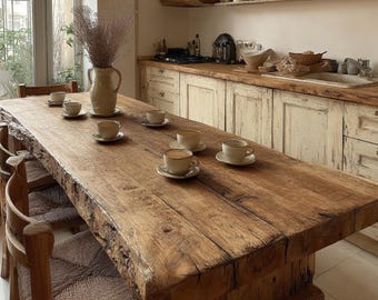 Tavolo da pranzo in legno massello di quercia, mobili da cucina rustici in stile fattoria con bordo naturale