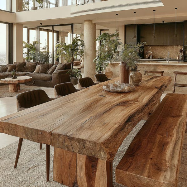Solid Oak Live Edge Dining Table, Rustic Farmhouse Kitchen Furniture