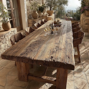 May include: A large, weathered wooden dining table, approximately 300 cm long, with a rustic aesthetic. Woven chairs surround the table, which is set with glasses and bottles. The scene is set on a stone patio, suggesting outdoor dining.
