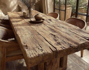 Mesa de comedor de roble macizo con borde natural, muebles de cocina rústicos de estilo granja.