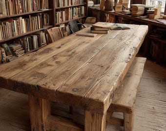 Mesa de comedor de roble macizo con borde natural, muebles rústicos hechos a mano estilo granja.