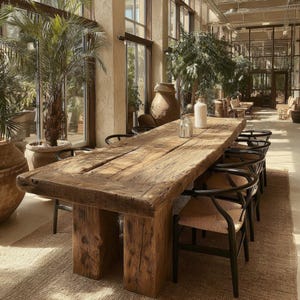 May include: A large, rustic wooden dining table with a natural finish, supported by thick, square wooden legs. The table is surrounded by black chairs with woven seats. The setting is a bright, airy room with large windows and potted plants.