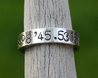 Latitude and Longitude Ring - Personalized Hand Stamped Sterling Silver Band - Custom Coordinates GPS