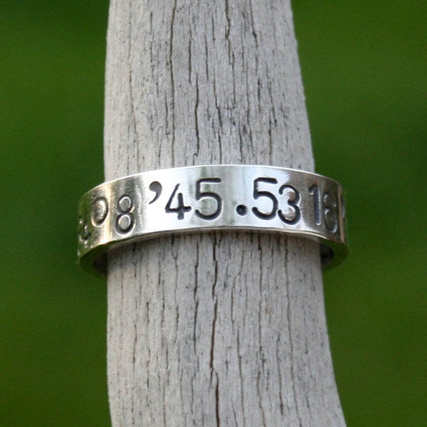 Latitude and Longitude Ring - Personalized Hand Stamped Sterling Silver Band - Custom Coordinates GPS