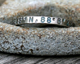 Personalized Hand Stamped Sterling Silver Ring - Latitude and Longitude - Custom Coordinates GPS