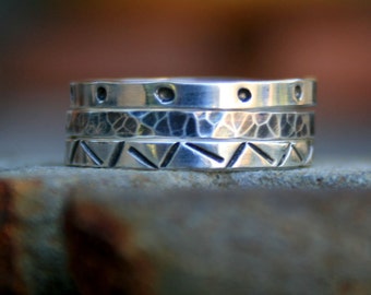 Sterling Silver Stack Ring Set - Hand Stamped Designs