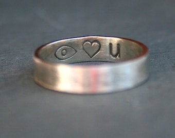 Personalized Hand Stamped Jewelry - Personalized Sterling Silver Message Ring - Eye Heart You