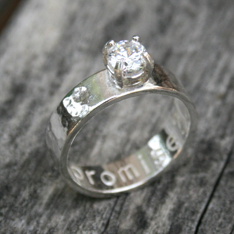 Personalized Hand Stamped Sterling Silver Promise Ring with Cubic Zirconia image 1