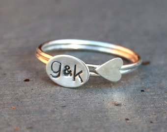 Personalized Hand Stamped Jewelry - Custom Initials Sterling Silver Stack Rings with Sideways Heart