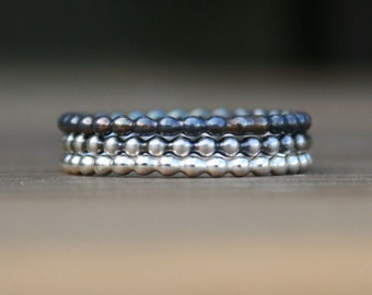 Beaded Sterling Silver Stacking Ring Set - Gradient Antiqued