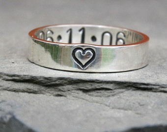 Personalized Hand Stamped Jewelry - Personalized Sterling Silver Anniversary Ring - Heart with Custom Date